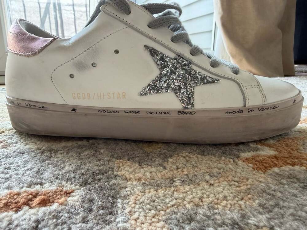 Golden Goose Hi-Star White Leather Sneakers with Silver Glitter Star and Pink He